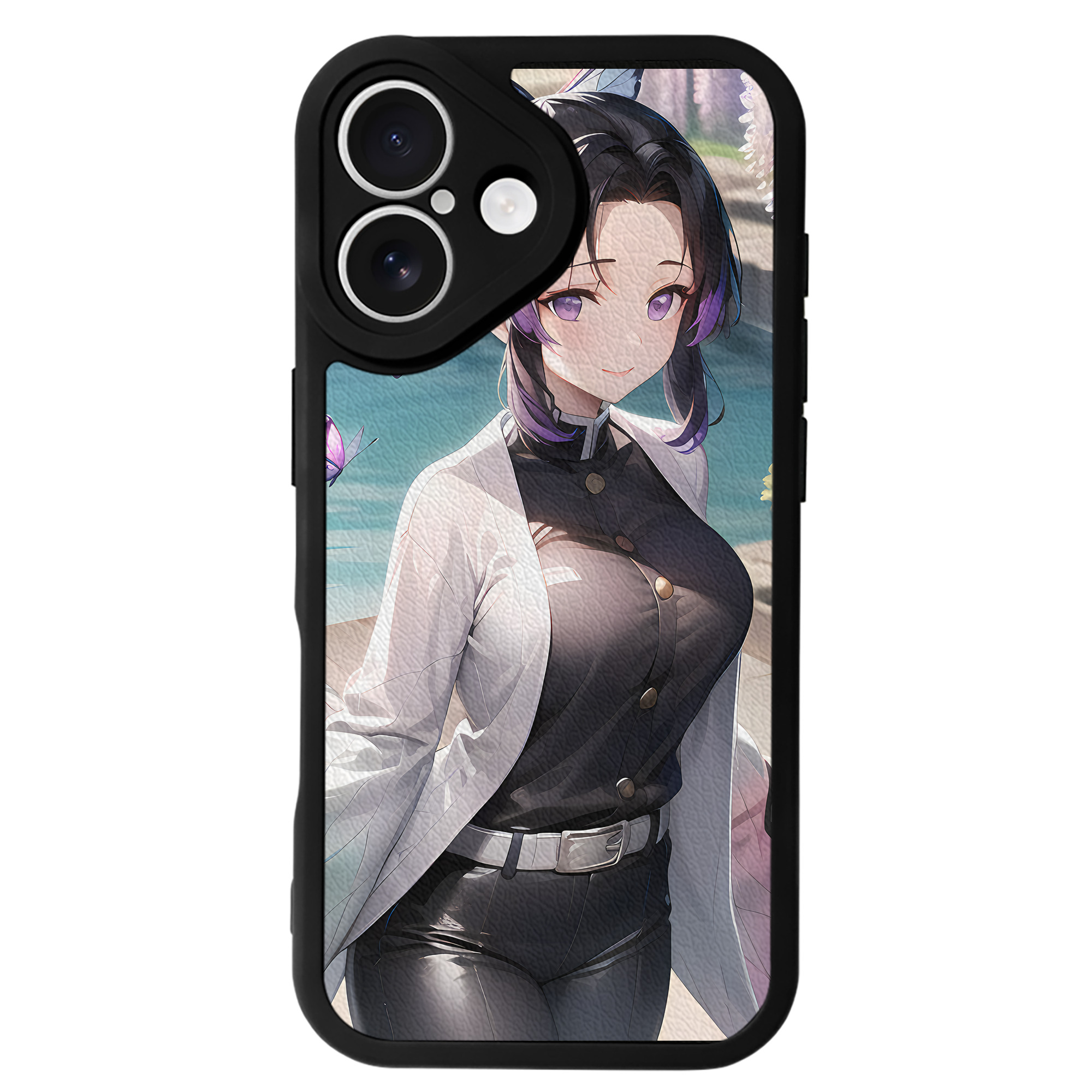 （画像用） 鬼滅の刃（きめつのやいば）蟲柱-胡蝶 しのぶ／こちょう しのぶ Kochou Shinobu 【iPhone 16シリーズ対応】シリコンスマホケース（レザー調） 材質：シリコン